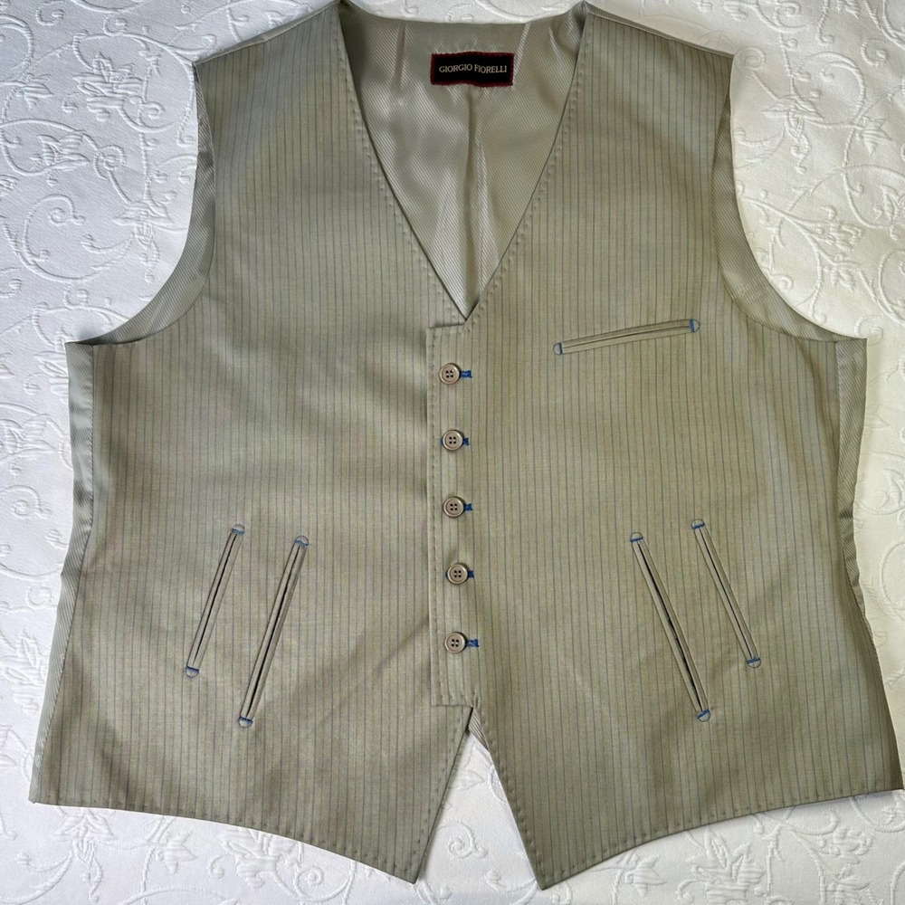 Giorgio Fiorelli Mens Pinstripe Suit Vest Dark Taupe Blue Stripe Size 46 L